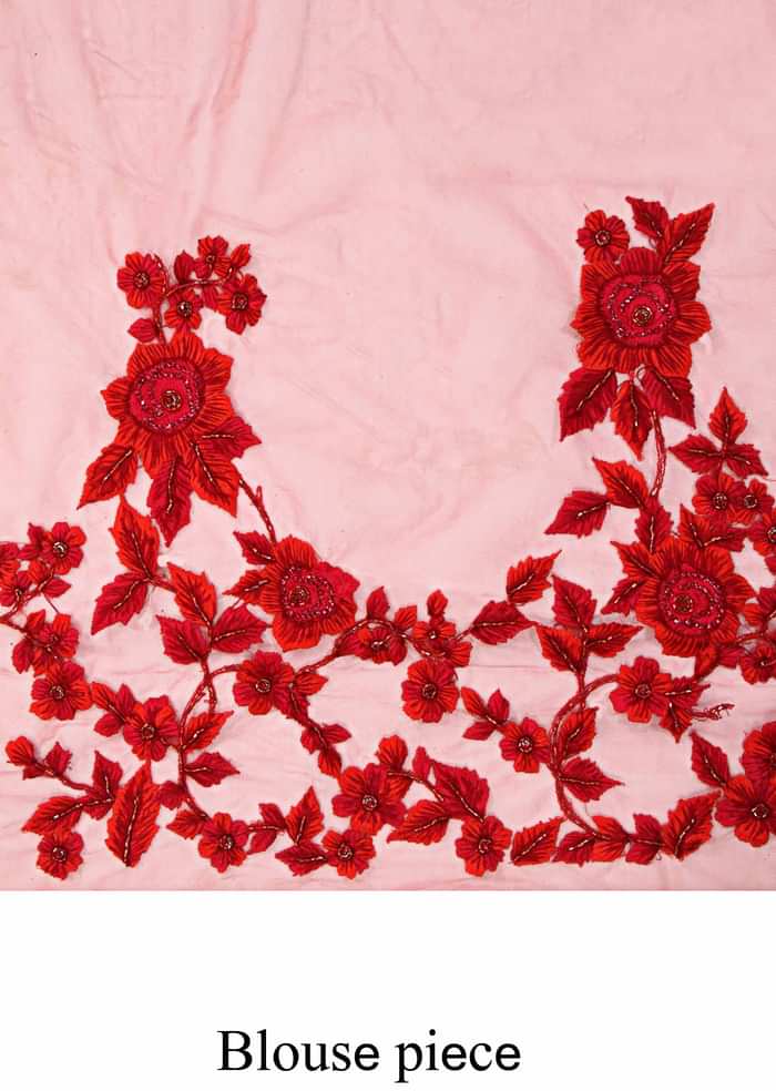 Blood red saree enhanced in resham embroidery only on Kalki