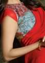 Blood Red Saree In Satin Silk With Contrast Printed Blouse Online - Kalki Fashion