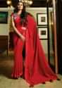 Blood Red Saree In Satin Silk With Contrast Printed Blouse Online - Kalki Fashion