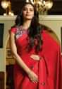 Blood Red Saree In Satin Silk With Contrast Printed Blouse Online - Kalki Fashion