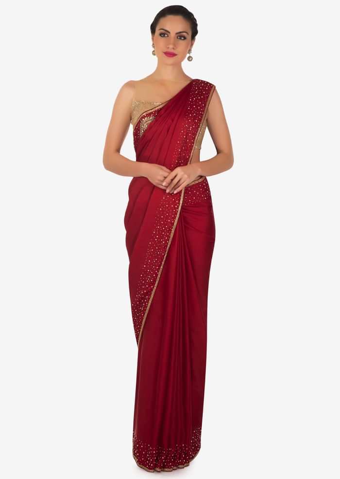 Blood red saree in satin chiffon with moti and zardosi embroidery only on Kalki