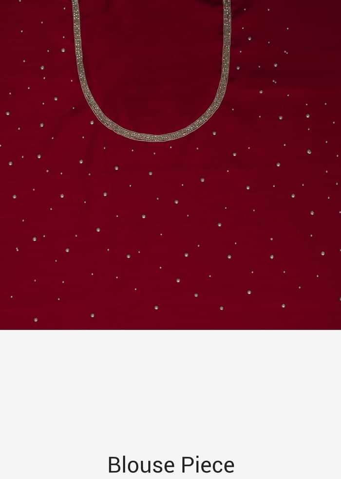 Blood red saree in satin chiffon with moti and zardosi embroidery only on Kalki