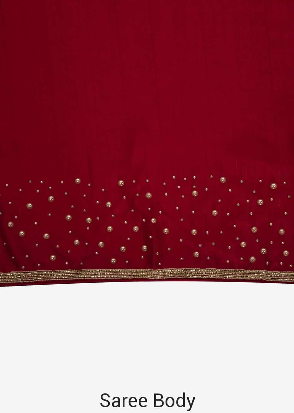 Blood red saree in satin chiffon with moti and zardosi embroidery only on Kalki - KALKI Fashion India