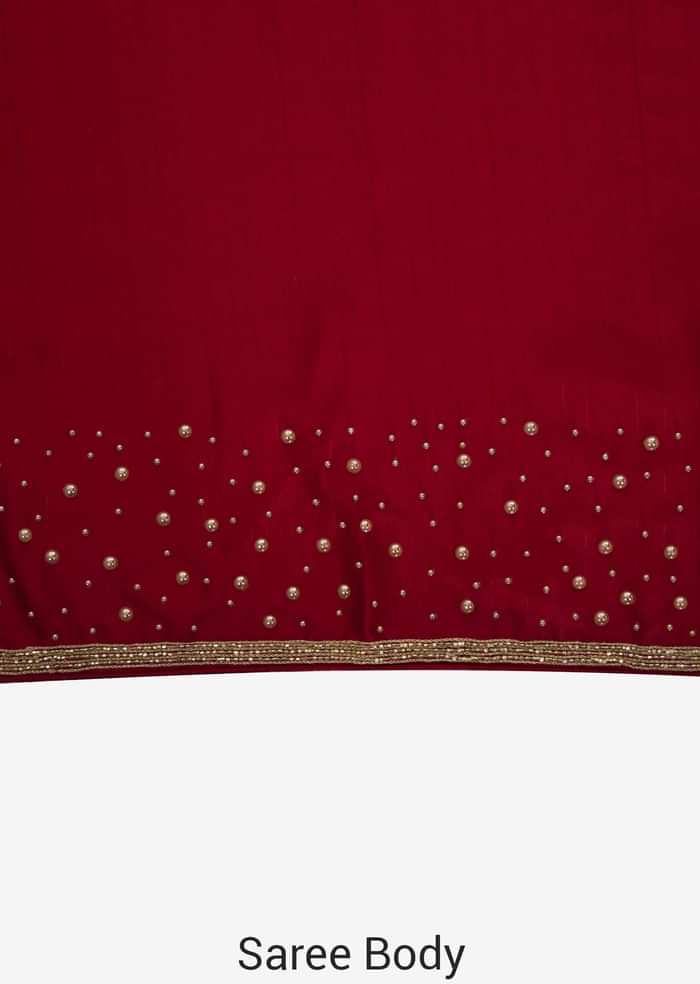 Blood red saree in satin chiffon with moti and zardosi embroidery only on Kalki