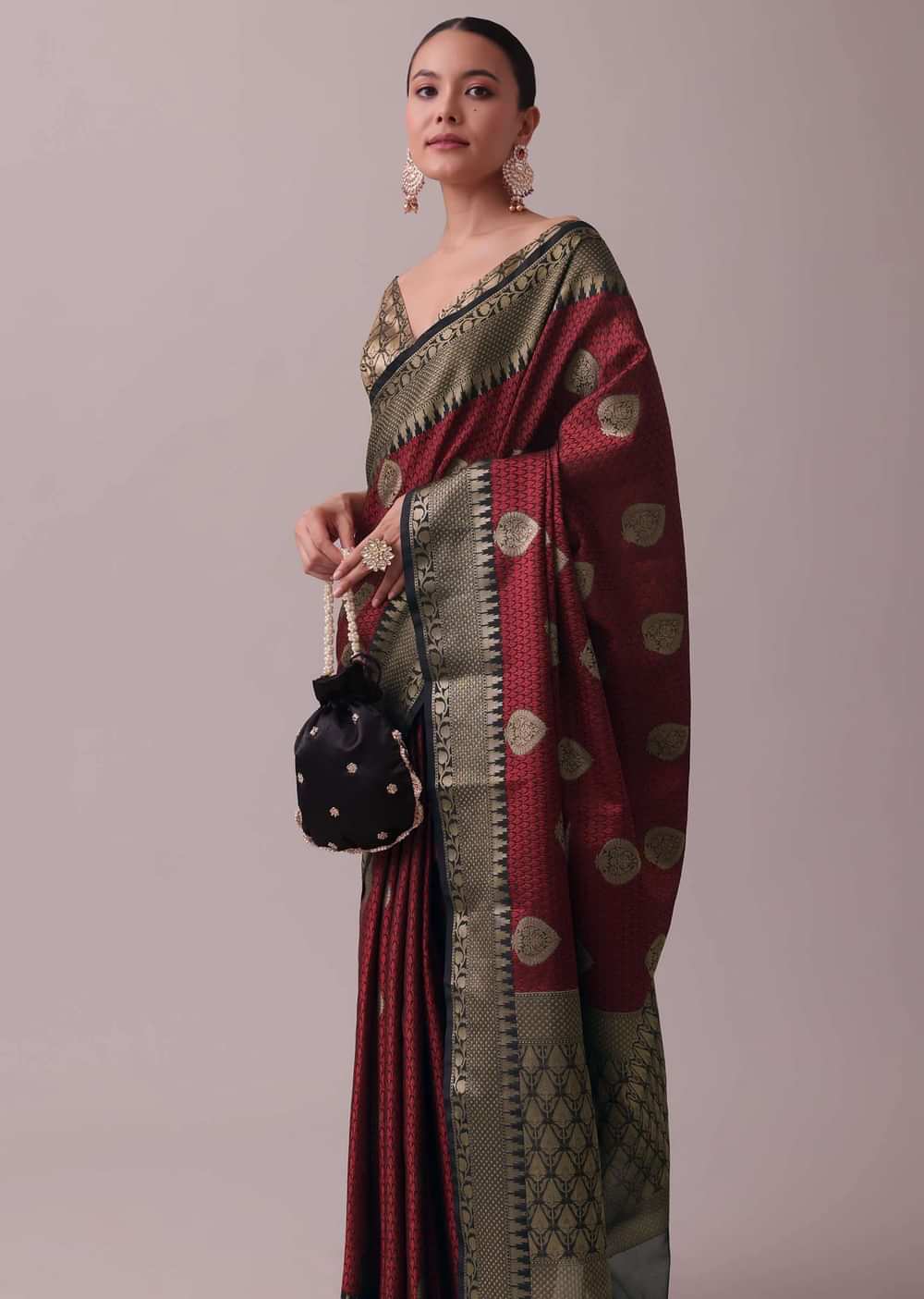 Blood Red Saree In Tanchui Kora Silk With Zari Work
