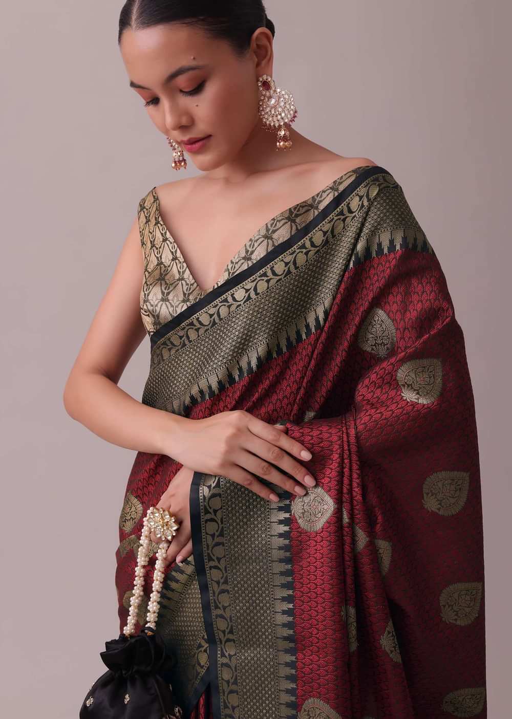 Blood Red Saree In Tanchui Kora Silk With Zari Work