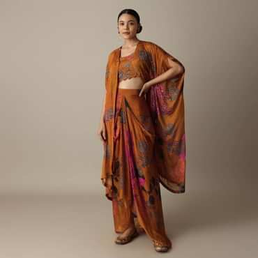 Blossom Orange Silk Print Dhoti Set