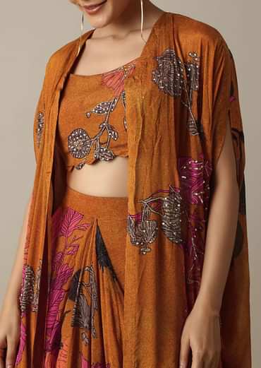 Blossom Orange Silk Print Dhoti Set