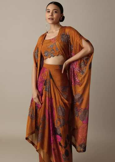 Blossom Orange Silk Print Dhoti Set