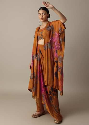 Blossom Orange Silk Print Dhoti Set