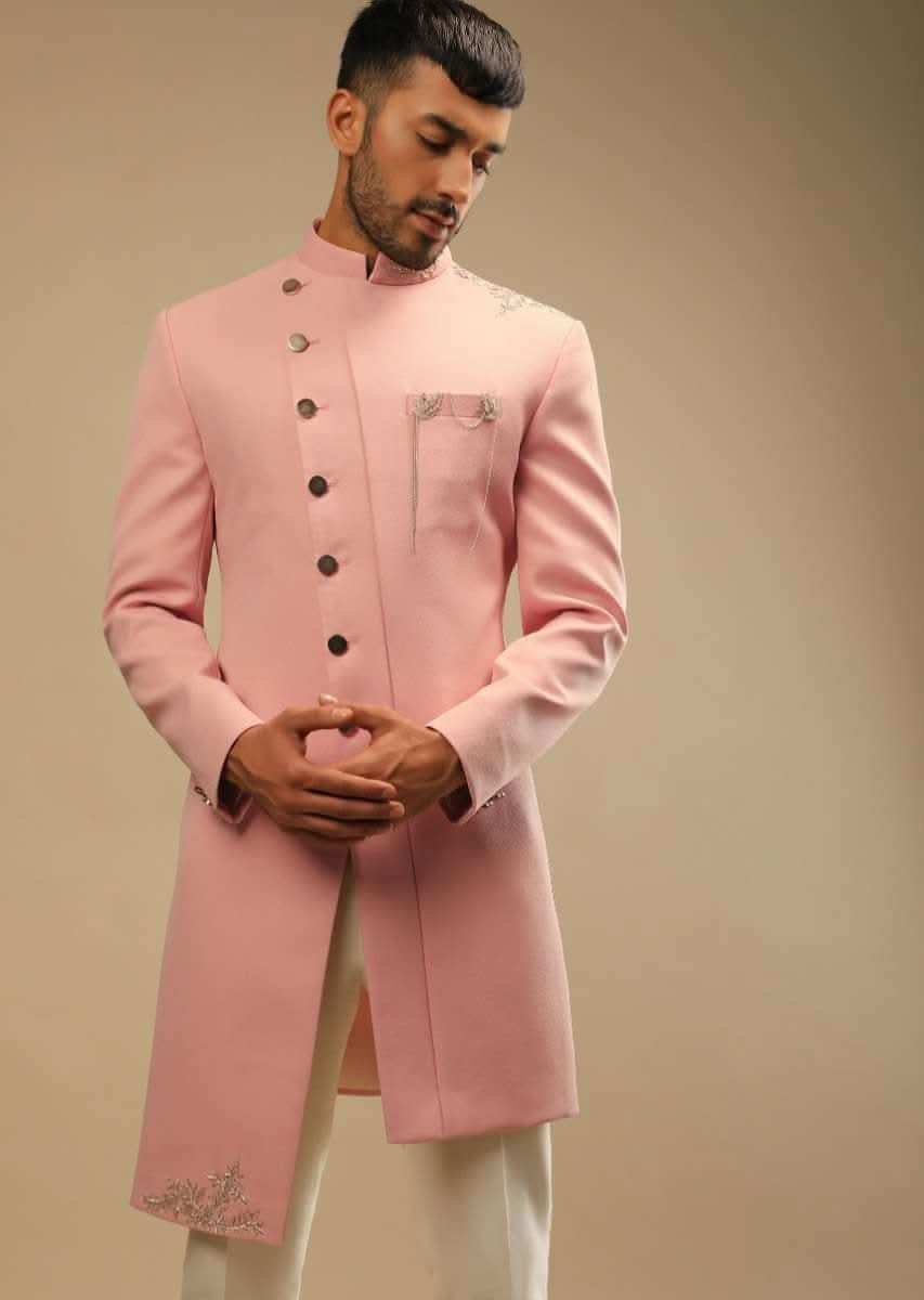 Blossom Peach Jacket In Terry Rayon With Zardosi Embroidered Floral Motifs And Aligarh Pants