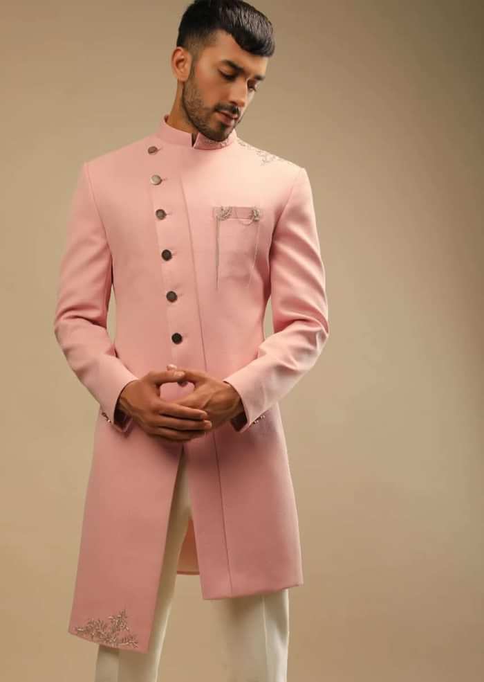 Blossom Peach Jacket In Terry Rayon With Zardosi Embroidered Floral Motifs And Aligarh Pants
