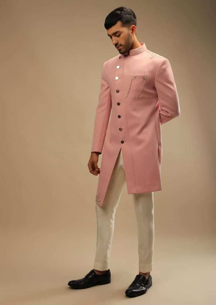 Blossom Peach Jacket In Terry Rayon With Zardosi Embroidered Floral Motifs And Aligarh Pants