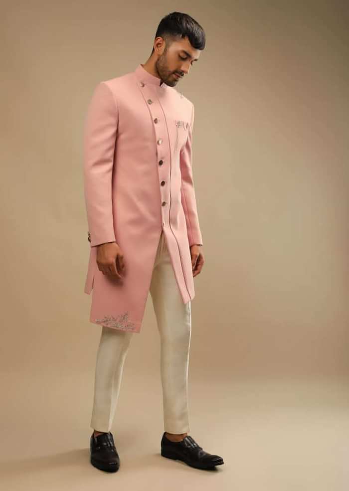 Blossom Peach Jacket In Terry Rayon With Zardosi Embroidered Floral Motifs And Aligarh Pants
