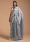 Blue And White Saree In Linen With Woven Stripes And Chain Stitch Embroidered Floral Buttis Online - Kalki Fashion