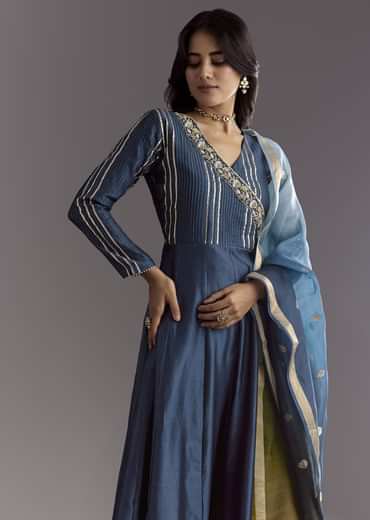 Blue Angrakha Style Anarkali Suit With Butti Work Ombre Dupatta