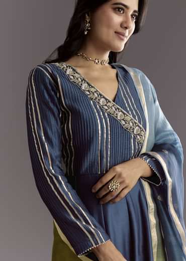 Blue Angrakha Style Anarkali Suit With Butti Work Ombre Dupatta