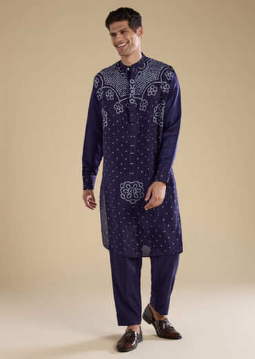 Blue Bandhani Silk Mens Straight Kurta Pant Set