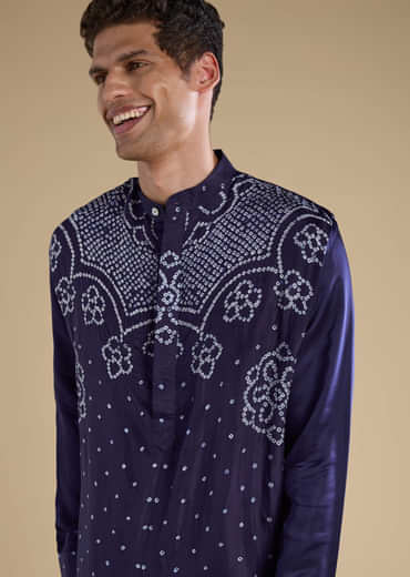 Blue Bandhani Silk Mens Straight Kurta Pant Set
