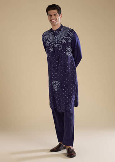 Blue Bandhani Silk Mens Straight Kurta Pant Set