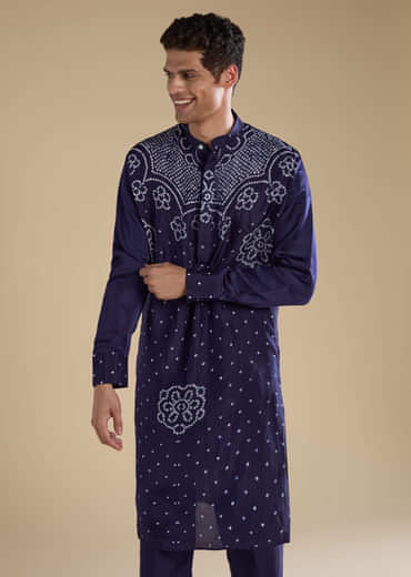 Blue Bandhani Silk Mens Straight Kurta Pant Set