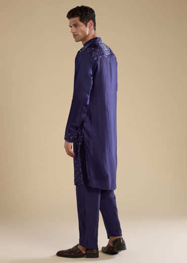 Blue Bandhani Silk Mens Straight Kurta Pant Set