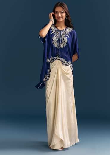 Blue Cape Crop Top Skirt Set With Embroidered Details
