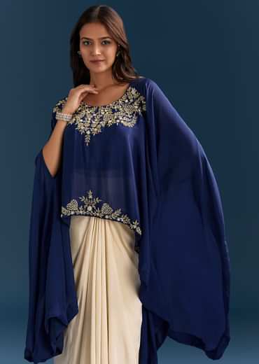 Blue Cape Crop Top Skirt With Moti And Cut Dana Work