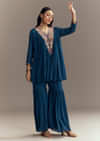 Blue Chinon Indo Western Top And Sharara Set With Moti Work