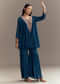 Blue Chinon Indo Western Top And Sharara Set With Moti Work