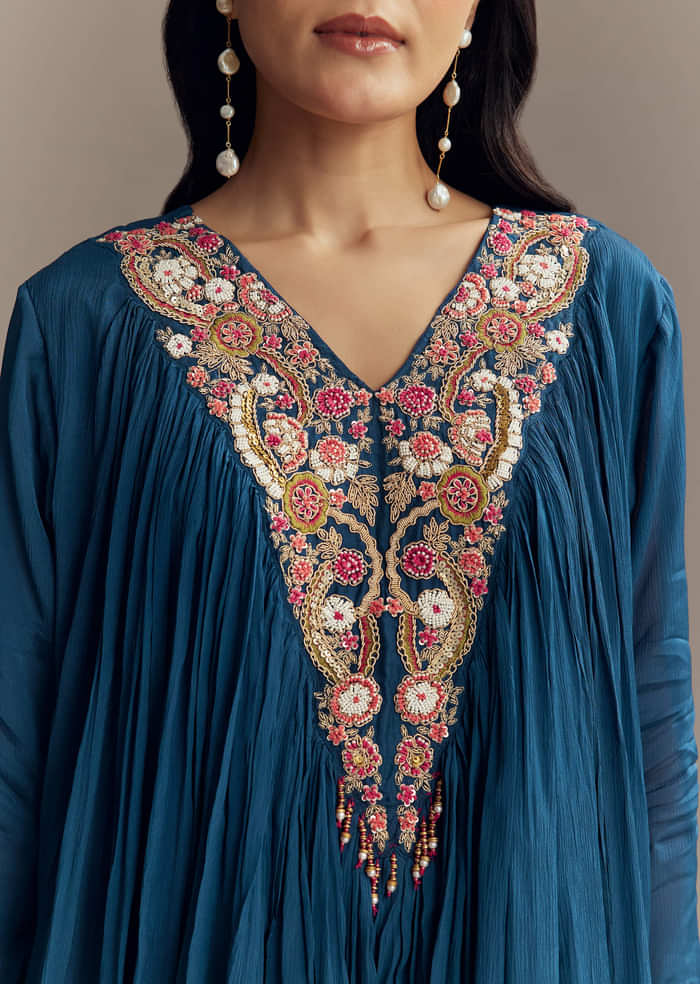 Blue Chinon Indo Western Top And Sharara Set With Moti Work