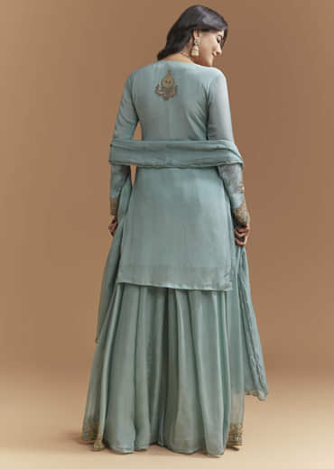 Blue Chinon Palazzo Suit With Moti And Cutdana Embroidery