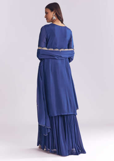 Blue Chinon Sharara Suit With Cutdana And Sequins Embroidery