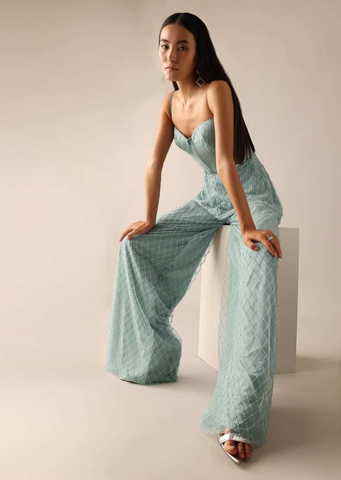 Blue Corset Style Sequin Jumpsuit