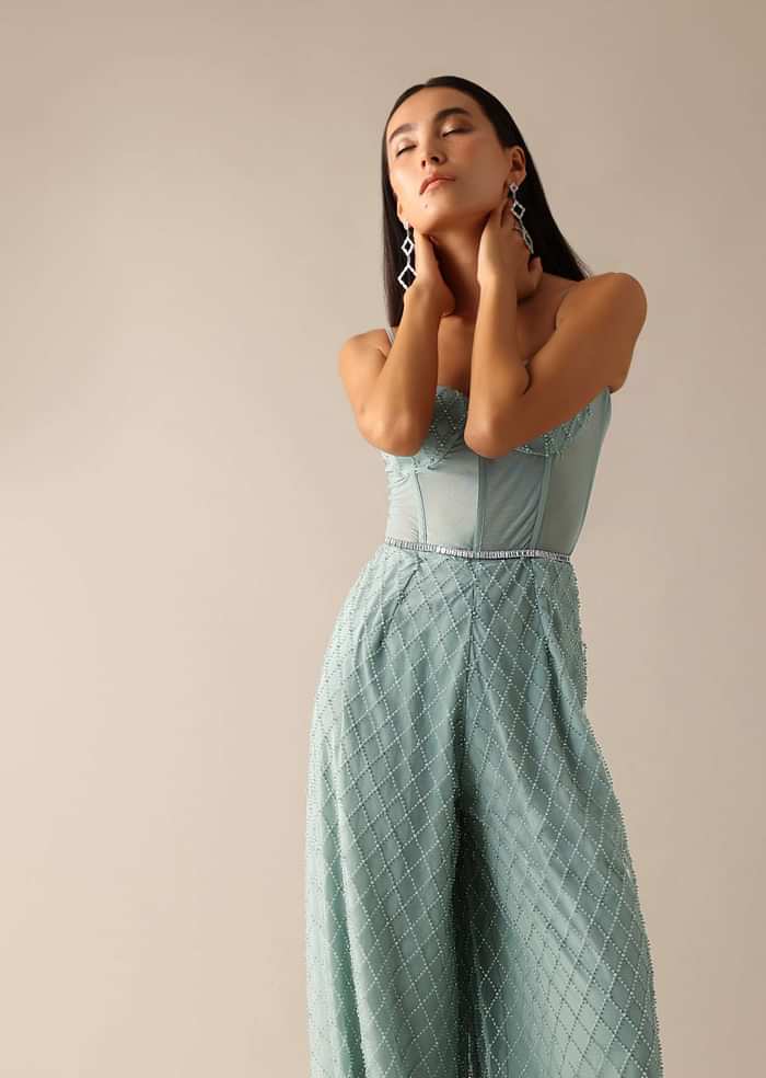 Blue Corset Style Sequin Jumpsuit