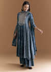 Blue Cotton Embroidered Anarkali Suit With Floral And Paisley Print