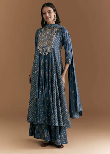 Blue Cotton Embroidered Anarkali Suit With Floral And Paisley Print