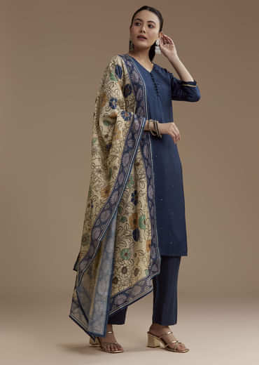 Blue Cotton Foil Mirror Kurta Set with Kalamkari Dupatta