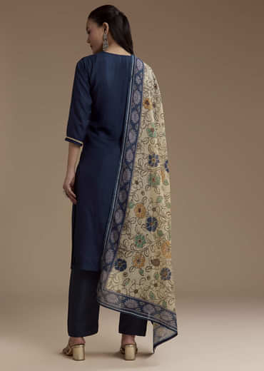 Blue Cotton Foil Mirror Kurta Set with Kalamkari Dupatta