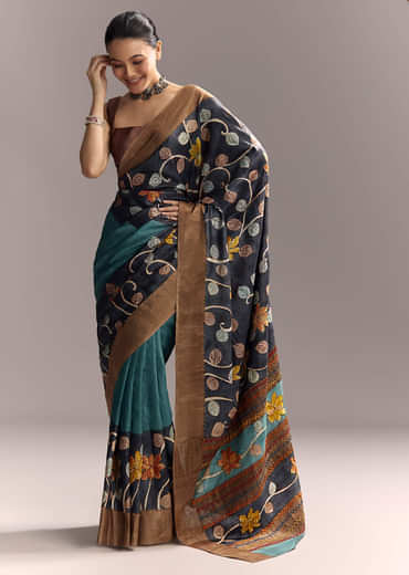 Blue Cotton Hand Painted Saree With Floral Motifs And Brown Border
