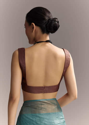 Blue Cotton Hand Painted Saree With Floral Motifs And Brown Border