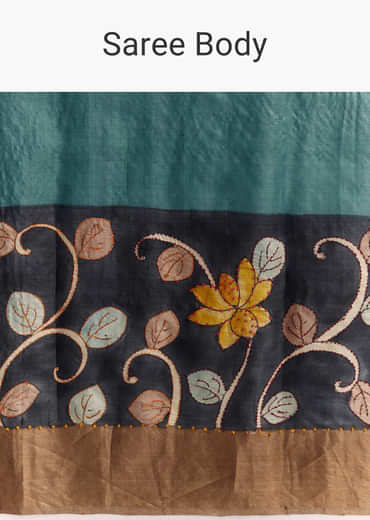 Blue Cotton Hand Painted Saree With Floral Motifs And Brown Border
