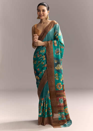 Blue Cotton Silk Hand Painted Saree With Brown Border
