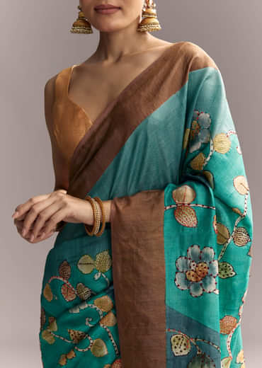 Blue Cotton Silk Hand Painted Saree With Brown Border
