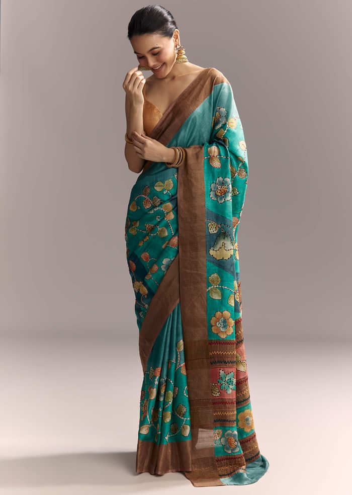 Blue Cotton Silk Hand Painted Saree With Brown Border