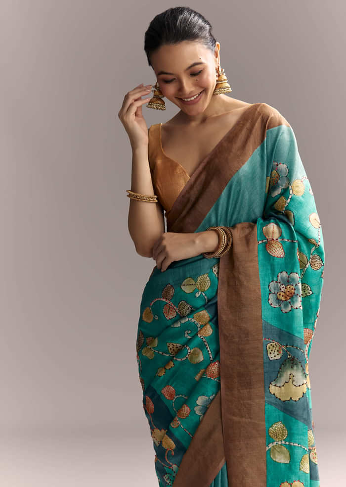 Blue Cotton Silk Hand Painted Saree With Brown Border