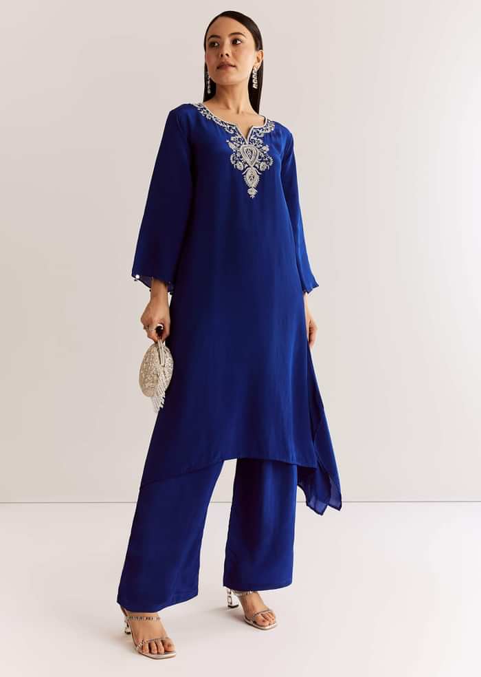 Blue Crepe Kurta Set With Silver Zardosi And Asymmetrical Cut