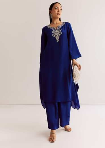 Blue Crepe Kurta Set With Silver Zardosi And Asymmetrical Cut