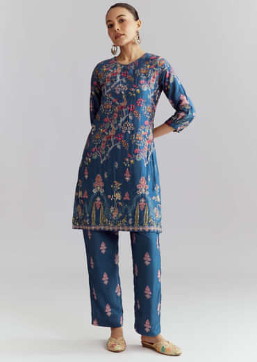 Blue Crepe Printed Co Ord Set With Sequins And Beads Work