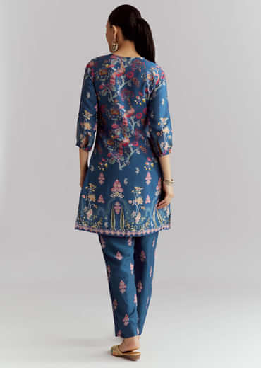 Blue Crepe Printed Co Ord Set With Sequins And Beads Work